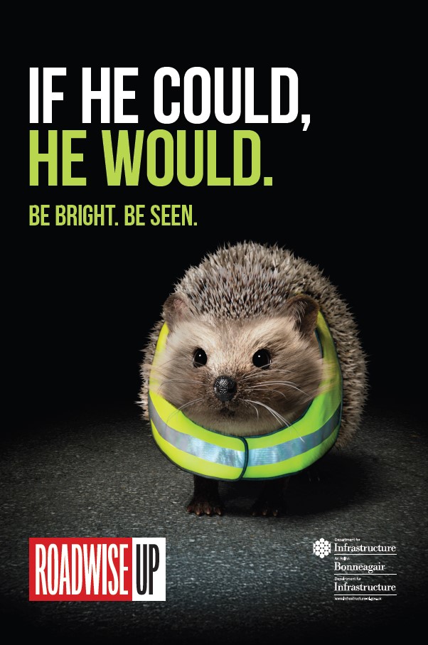 Image of a Hedgehog wearing a fluorescent jacket, with the caption, 'If he could. He would'